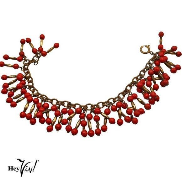 Vintage Charm Bracelet w Dangling Sets of Red and Gold Beads 7" Long - Hey Viv - Picture 1 of 6